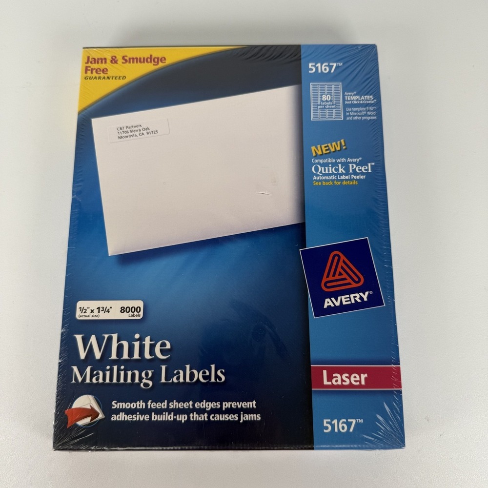 Avery‎ QUICK Peel White Address Labels Laser Printers 5167 8000 1/2" x 1 3/4"